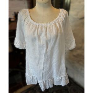 Peasant Top White Elastic Neck Ruffle Hem Boho Blouse Made in Italy 100% Linen